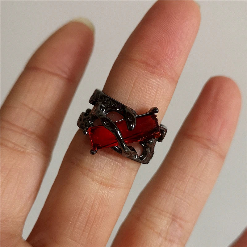 Lunivop Vintage Y2k Gothic Red Crystal Glass Irregular Geometry Aesthetic Open Rings For Women Punk Creative Grunge Jewelry Accessories