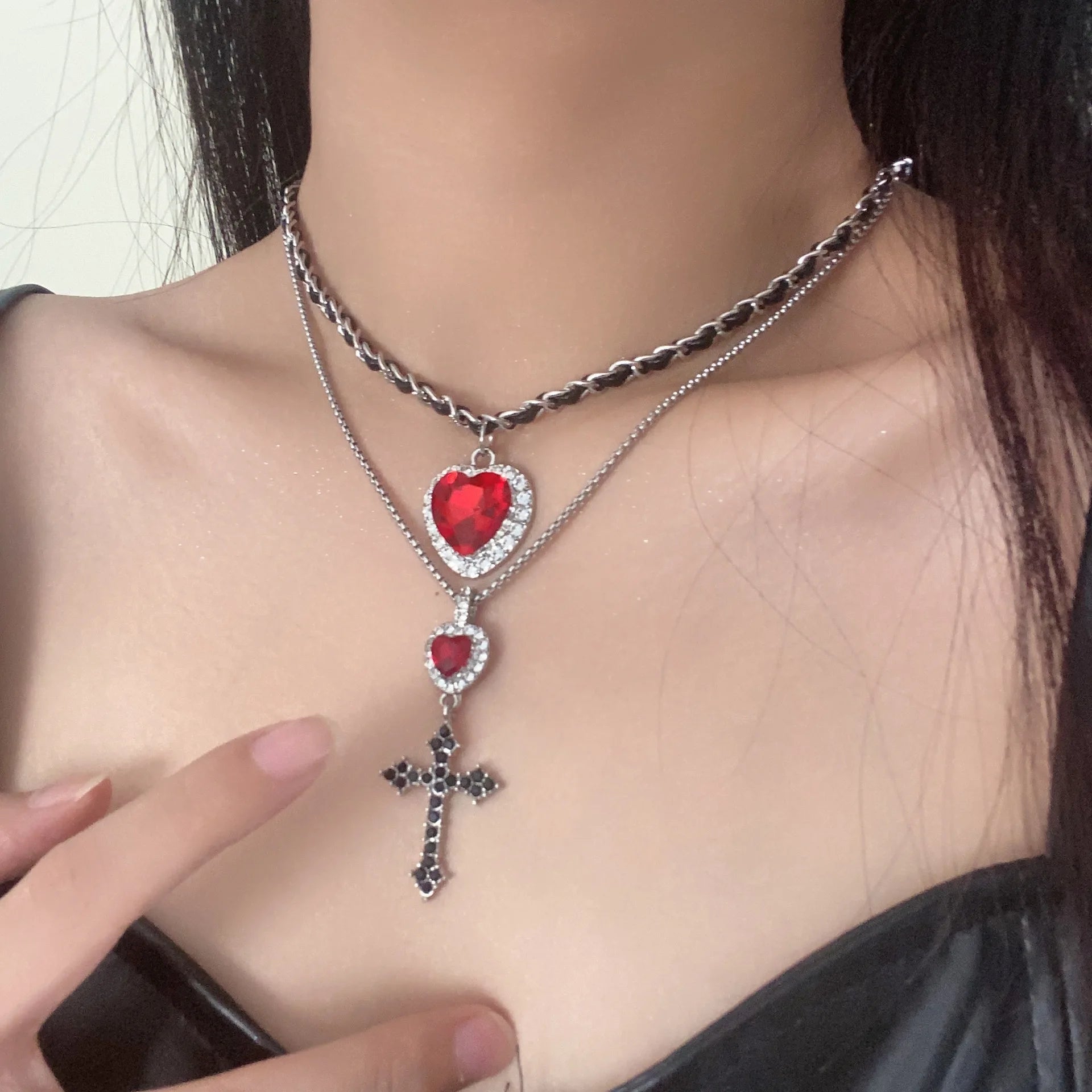 Lunivop Double Layered Leather Red Crystal Heart Pendant Necklace for Women Exquisite Cross Earrings Collarbone Chain Gothic Jewelry Set