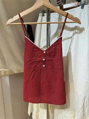 Lunivop  Vintage Red Plaid Buttons V-neck Camis Women Summer Casual Lace Trim Slim Simple Sleeveless Vests Sweet Preppy Style Tank Tops
