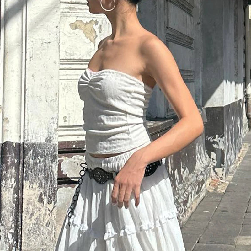 Lunivop   Elegant Off Shoulder Strapless Backless Tank Top With Elastic Waist Pleated Long Skirts Women Beach Holiday 2 Piece Set