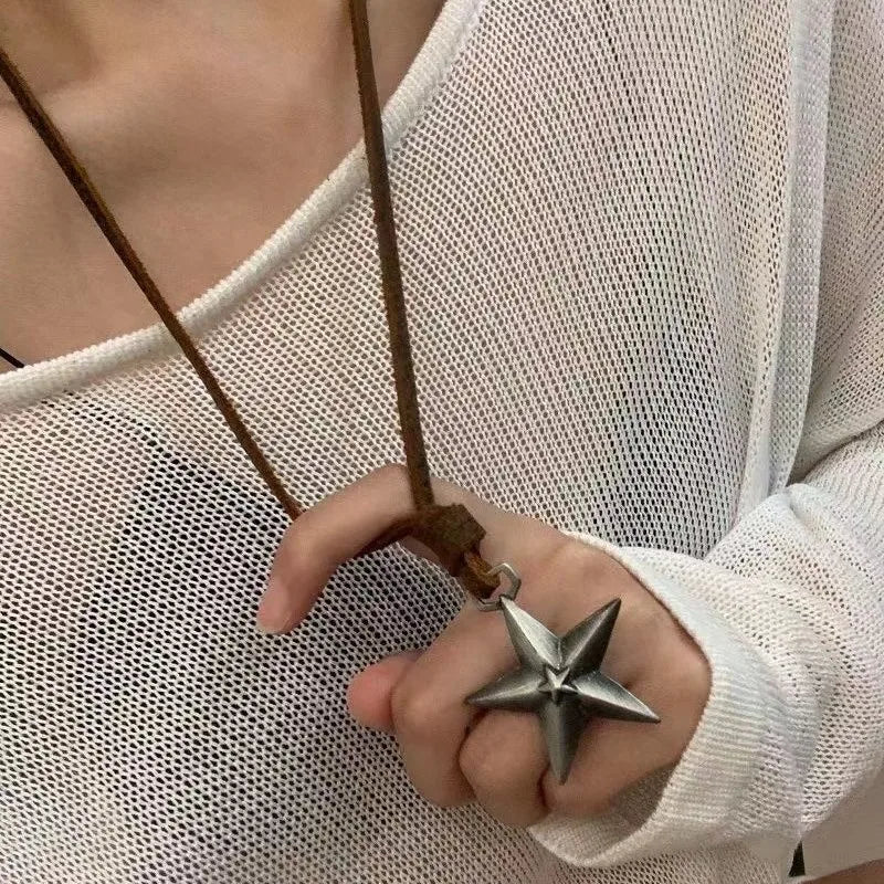 Lunivop Kpop Y2K Star Pendant Punk Necklace Cowboy Leather Rope Sweater Chain Adjustable Pentagram Long Necklace for Women Girl Jewelry