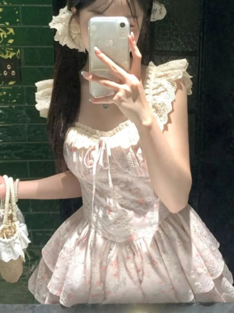 Lunivop Sweet Floral Printed Waist Slimming Square Neck Short Dresses for Women Summer New Spicy Girl Sleeveless A-line Bodycon Dress