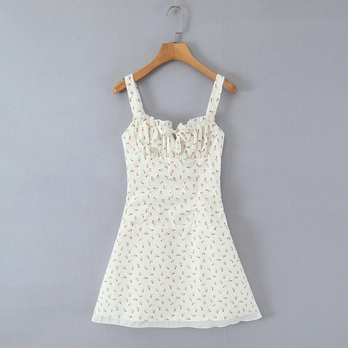 Lunivop  New French Style Vintage Rose Flower Print Wood ears Bow Ruched Chest Sling Dress Women Cross Lacing up Backless Short Vestidos