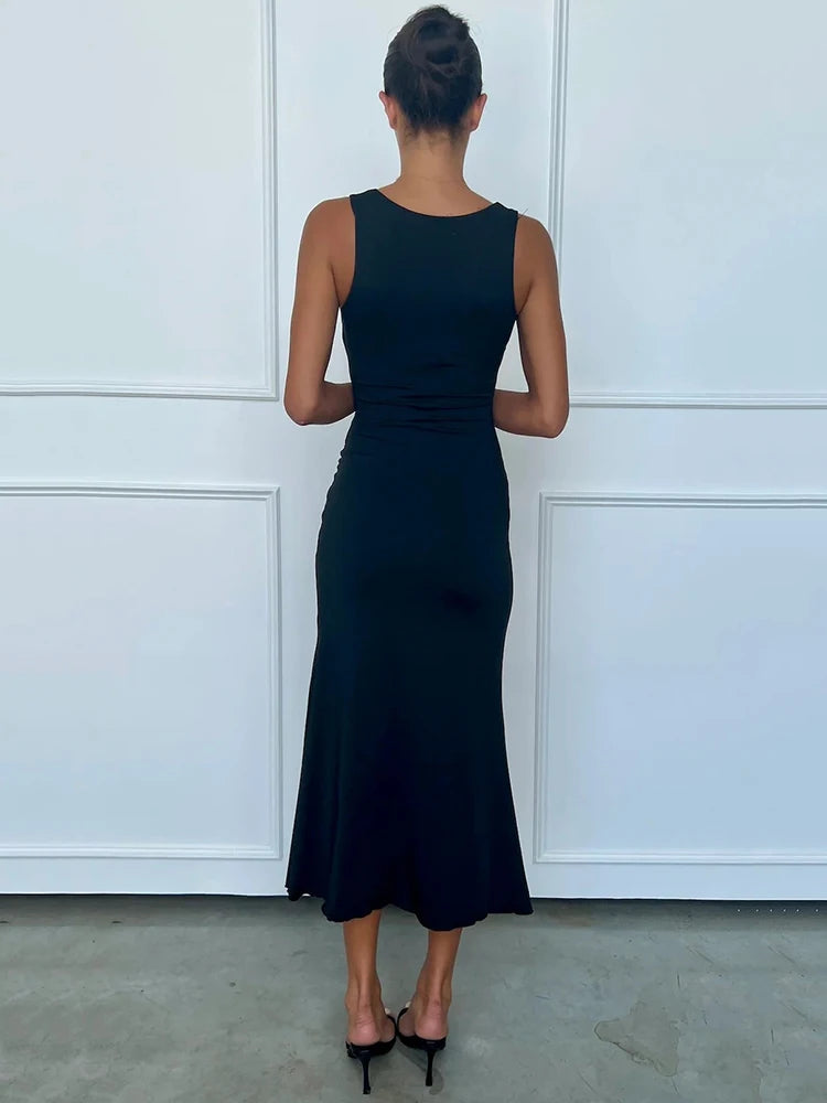 Lunivop Sexy Deep V-neck Metal Button Women Maxi Dress Black Sleeveless High Waist Dress Female Summer Skinny Elegant Beachwear