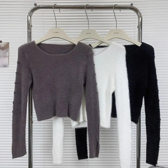 Lunivop Fuzzy Fitted Knit Top for Women Cut-out Buttoned Sleeve Bodycon Crop Sweater Pullovers Teen-girl Autumn Winter Y2K Outfit