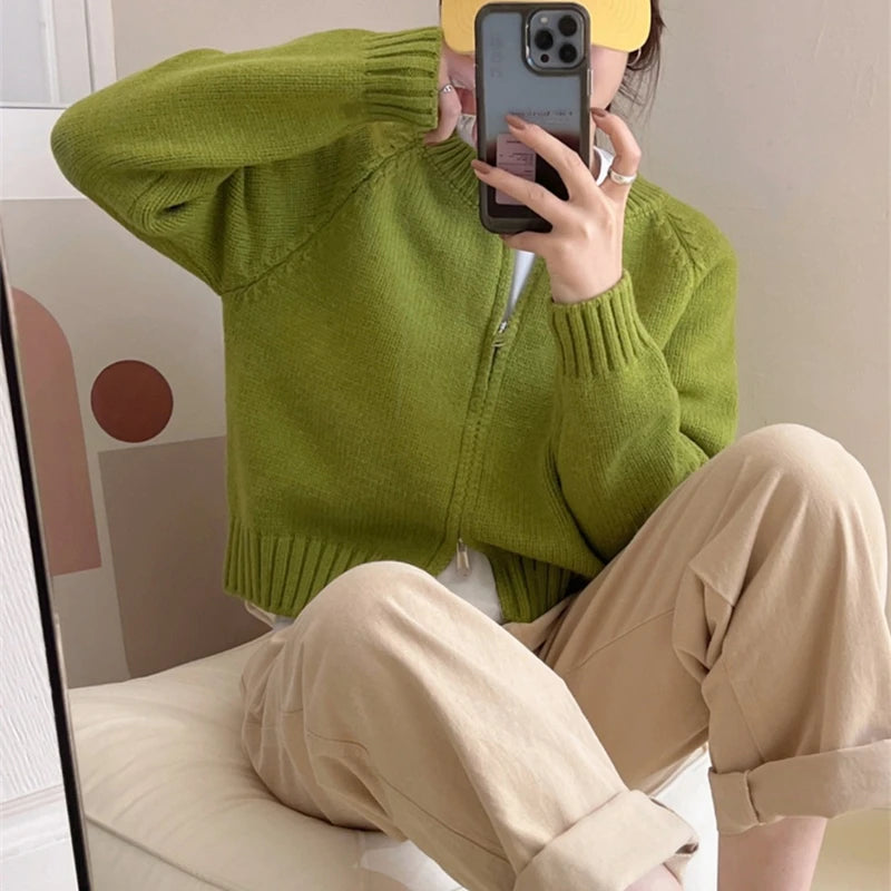 Lunivop Zip Up Sweater Cardigan for Women Solid Long Sleeve Crew Neck Zipper Front Knitted Jacket Teen-girl Fall Winter Casual Outfit