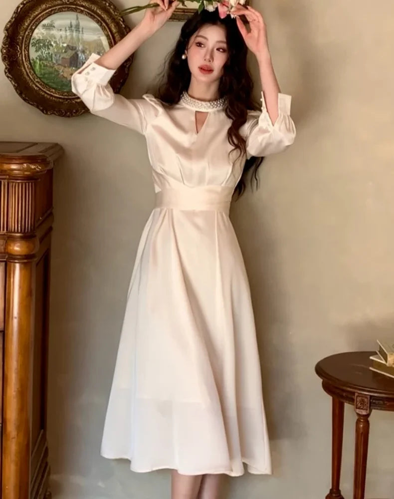 Lunivop Elegant French Satin Vintage Midi Dress Spring New Office Lady Lace-up Long Sleeves Slim Wasit Korean Chic Vestidos Basics
