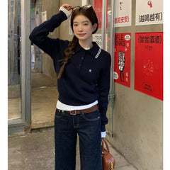 Lunivop Preppy Style Embroidery Sweaters Women Old Money Style Korean Knitted Pullover Vintage Long Sleeve Gray Polo Jumpers