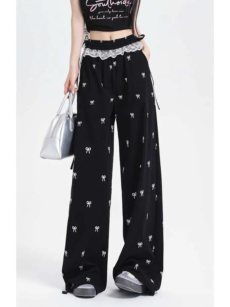 Lunivop  Bow Print Sweet Wide Leg Pant Women Loose Elegant Lace Patchwork Trousers Summer Vintage Cute High Waist Lady Casual Pants