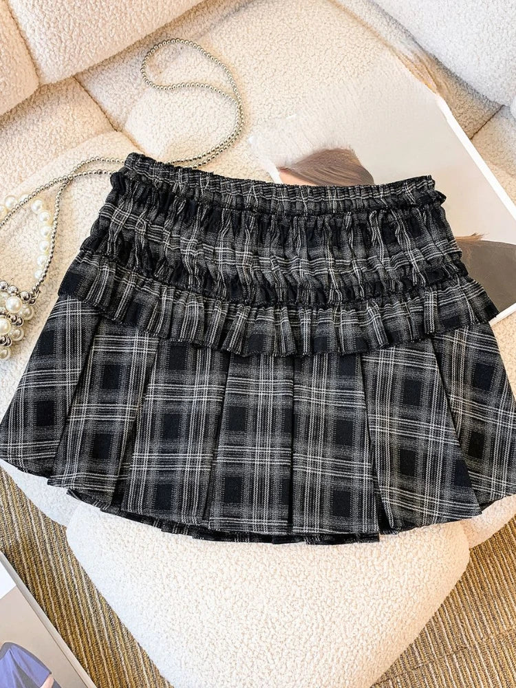 Lunivop French Vintage Skirt Gyaru Plaid Ruffles Patchwork Pleated Design High Waist Mini Skirts Female Slim All Match Women's Clothing