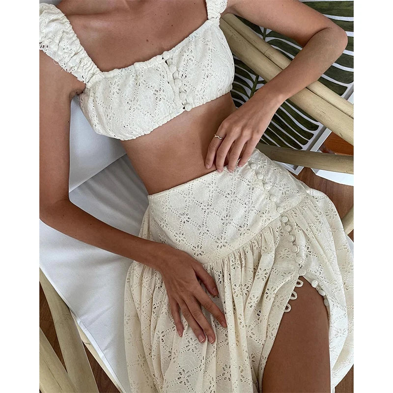 Lunivop   Y2K Lace Floral Two Piece Sets Summer Elegant Outfits Square Neck Front Breasted Crop Top Long Dress Sets Festival Club