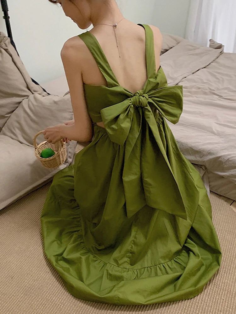 Lunivop Cute Bow Women Dress Elegant Sexy Backless Preppy Style Student Long Dress Korean Fashion Summer Female Strappy Dress New