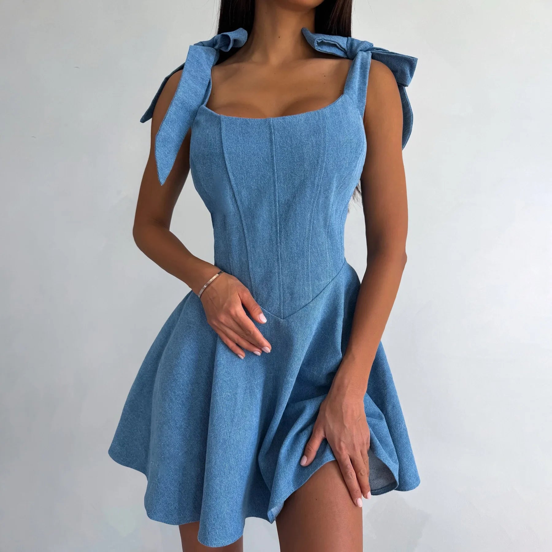 Lunivop   Corset Denim A-line Mini Dress Women Summer Chic Sleeveless Lace Up Backless Strap Sexy Robes Ladies Evening Party Short Dress