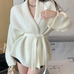 Lunivop Tie Front Robe Cardigan for Women Cozy Knitted Long Sleeve Sweater Coat Autumn Winter Teen-girl Basic Chic Outfit