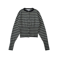 Lunivop  Casual Autumn Striped Knit Cardigan Women Long Sleeve O Neck Slim Short Outerwear Tops