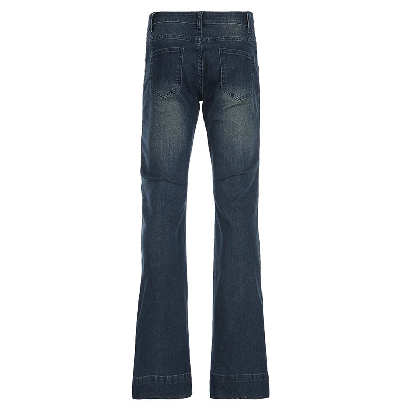 Lunivop  Blue Low Rise Flare Jeans Vintage 2000s Slim-fitting Denim Pants Korean Style Women Trousers y2k Distressed Mom Jeans 90s