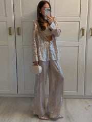 Lunivop  Women Champagne Gold Sequin Shirt & Pants Set Side Slit Blouse Wide-Leg Trousers Spring Party Outfit Fashion Glam Lady Suit