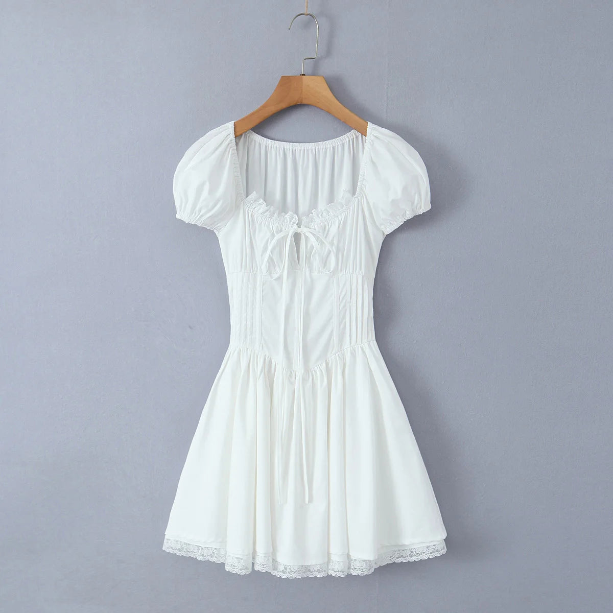 Lunivop  Sweet Women Ruched Chest Fish bow Waist Corset Style Dress Short Sleeve Cross Bandage Lacing up Back Bodycon Mini Party Robe