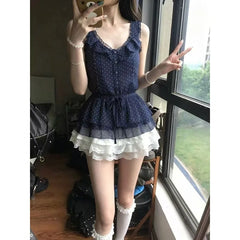 Vintage Casual U-neck Ruffled Sleeveless Polka Dot Top Fashion Lace Half Skirt Japanese/Korean Idol Harajuku 2-piece Set