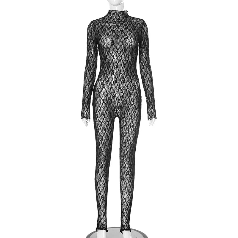 Lunivop Sheer Fishnet Mesh Lace Black One Piece Rompers Jumpsuit Sexy Club Outfits Turtleneck Long Sleeve Bodycon Jumpsuits