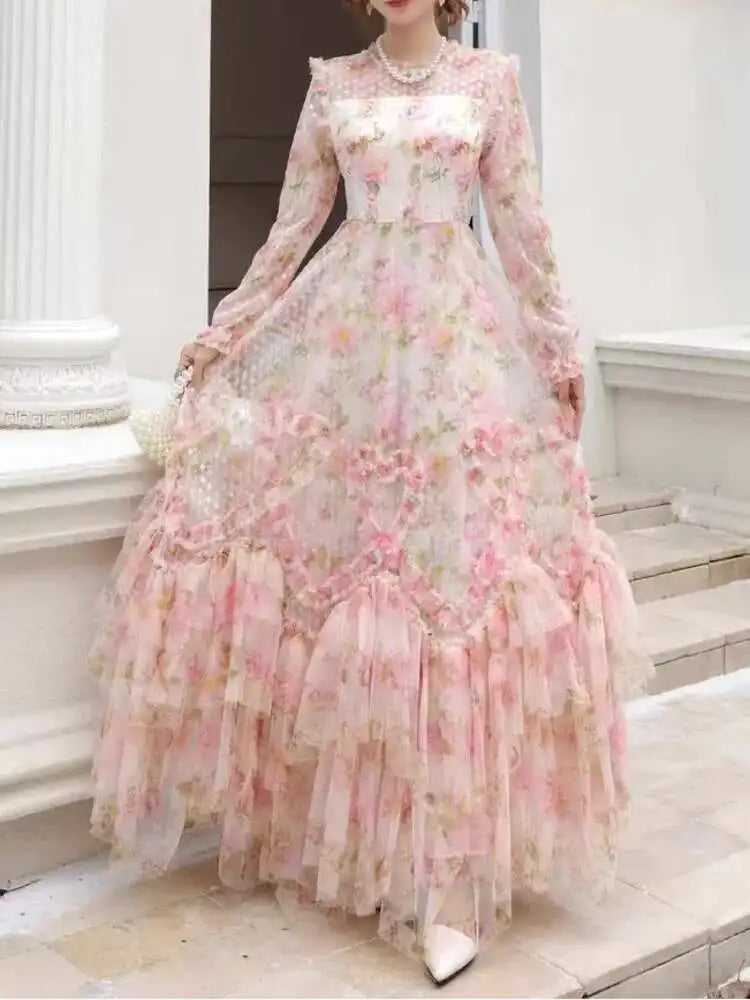 Lunivop  Lace Sequins Slim Women Floral Skirt Long Sleeves O Neck Spot Printing Ear Fungus Edge Female Dress 2025 Spring New