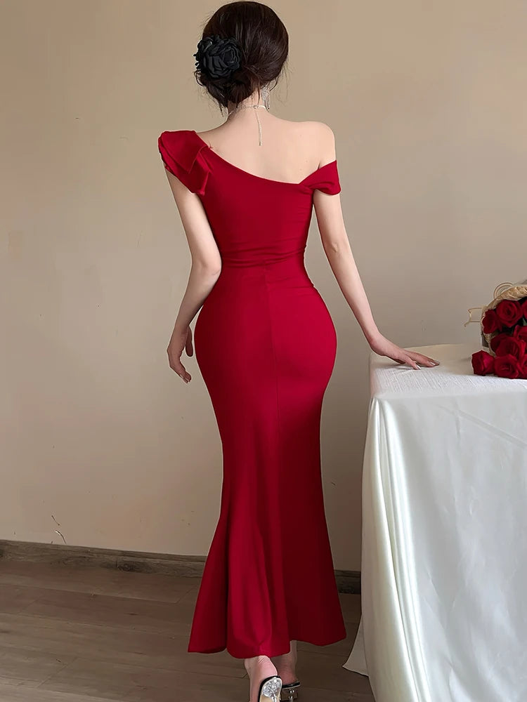 Lunivop  Women Red Off Shoulder Ruffled Sexy Slong Long Dress Summer Elegant Luxury Slit Dress Korean Vintage Festival Evening Dress