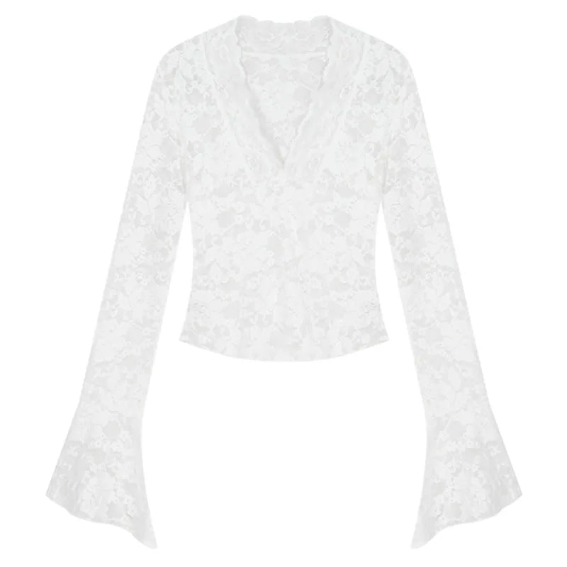 Lunivop Women's Long Sleeve Lace Top V-neck Flared Sleeve Sheer Lace Crop T-shirt Teen-girl Fairycore Y2K Outfit