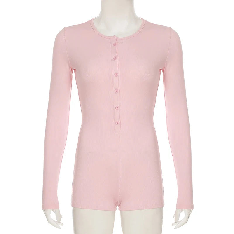 Lunivop  Casual Fashion Solid Knit Long-sleeve Single-breasted Crew Neck Tight Fit High Waisted Rompers Women Autumn Street Clothing