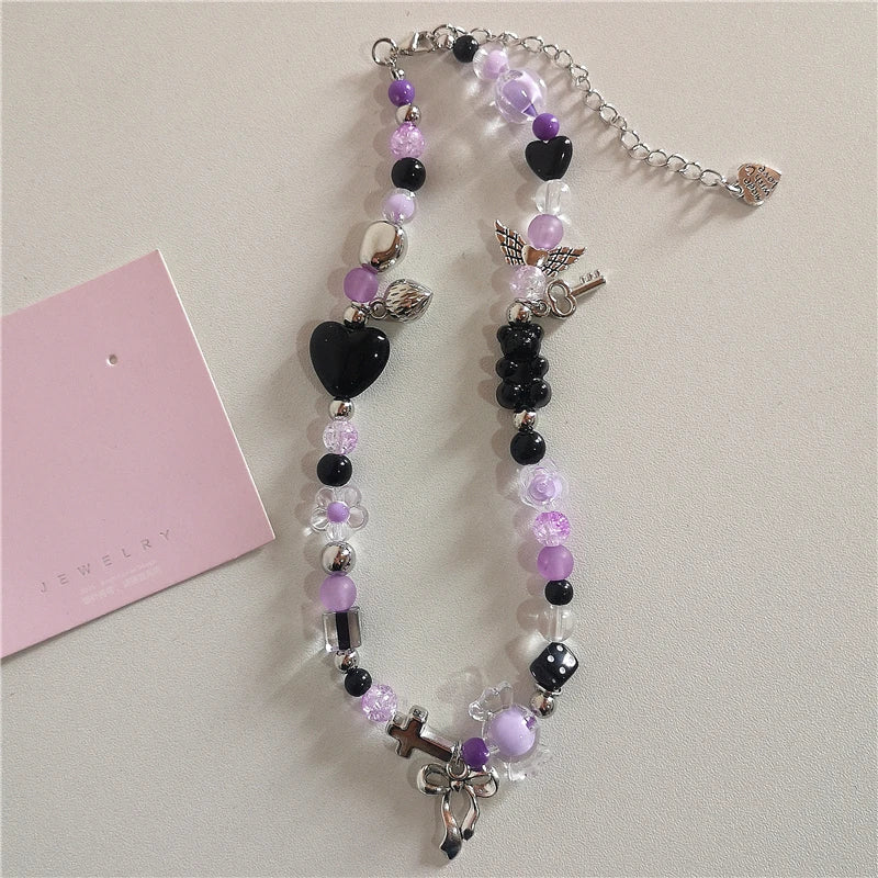 Lunivop Kpop Goth Vintage Y2K Bowknot Spiral Vortex  Pendant Pearl Beaded Chain Necklace For Women Grunge EMO Jewely Aesthetic Accessory