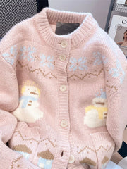 Lunivop Cute Snowmen Pink Cardigan Sweater Women Vintage Sweet Print Loose Knitted Coat Japan Fall Winter Kawaii Female O Neck Tops