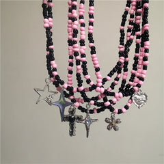 Lunivop Goth Y2K Cute Star Cross Pendant Black Pink Beaded Chain Necklace Egirl 2000s EMO Harajuku  Aesthetic Grunge Jewelry Accessories