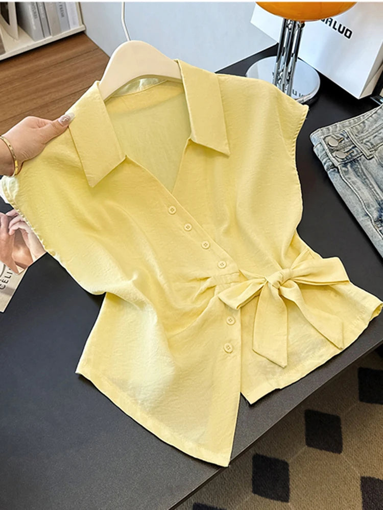 Lunivop  Cute Bow Women White Shirt Casual Elegant Vintage V Neck Sweet Blouse Korean Retro Summer Design Single Breasted Lady Tops