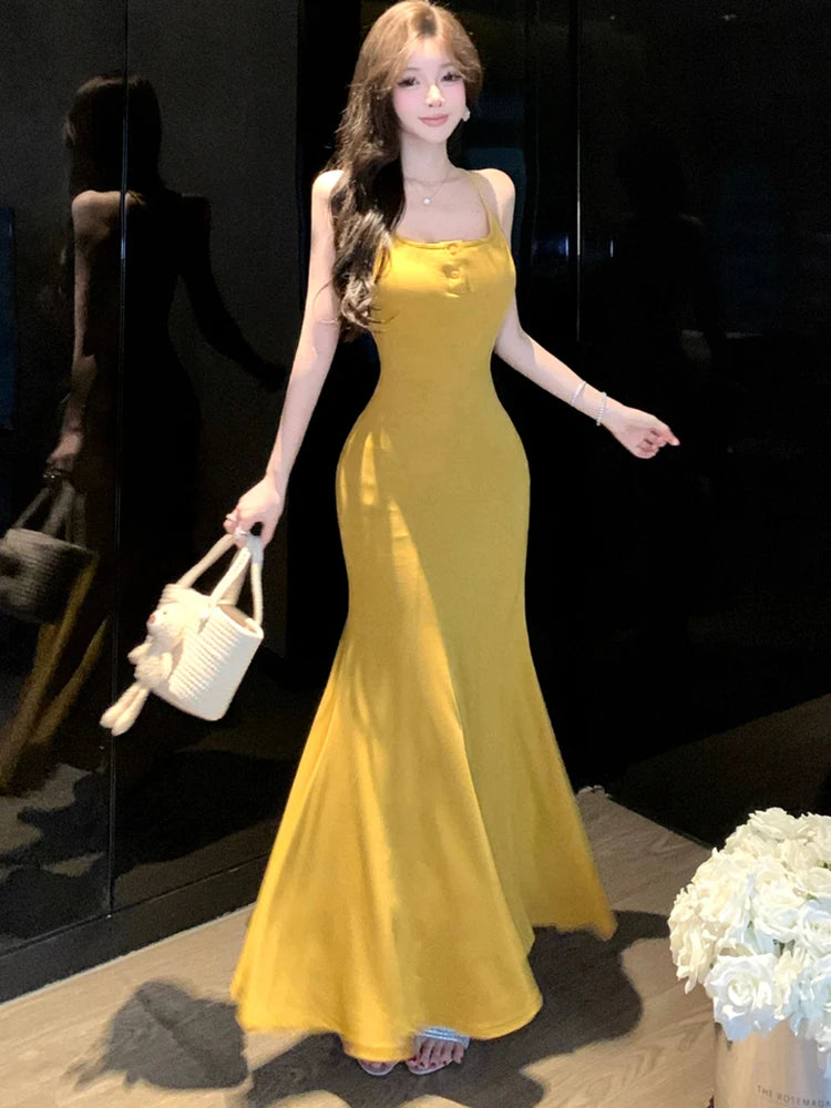 Lunivop  Summer Solid Elegant Sling Maxi Dress Women Fashion Chic Ruffled Mermaid Dress 2025 Korean Elegant Bodycon Luxury Evening Dress
