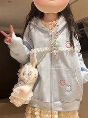 Lunivop Women Cute Cartoon Hoodies Vintage Lace Patchwork Loose Sweet Sweatshirts Fall Preppy Style Japan Pockets Lady Kawaii Tops