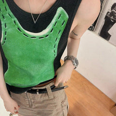 Lunivop  Fashion Patchwork Black Green Vest for Women Summer New Slim Fit Tank Top Y2k O-neck Sleeveless Tops Mujer