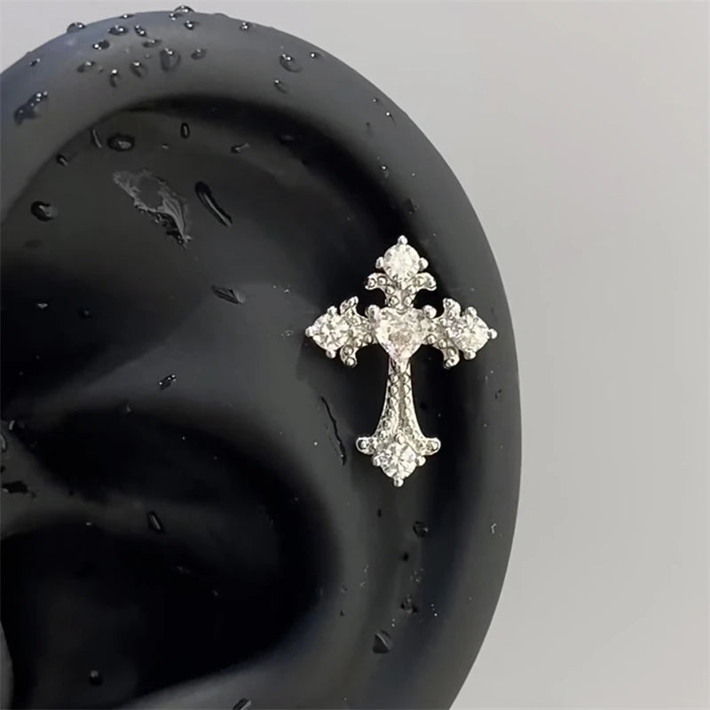 Lunivop 1pcs Quality Shiny Cross Zircon 316L Stainless Steel Ear Bone Nail Y2K Style Silver Color Earring for Women Cochlear Accessories