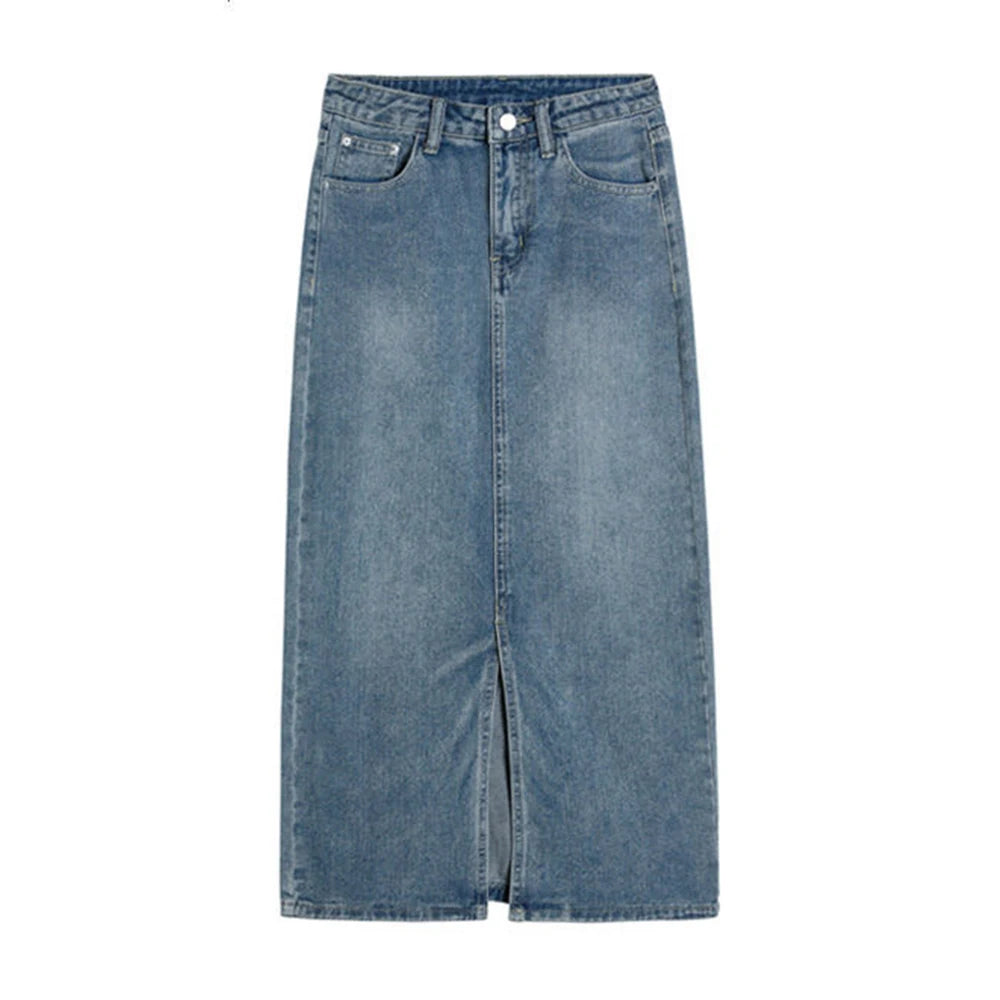 Lunivop Summer Women High-waist Retro A- line Skirt Pockets Front Slit Washed Blue Denim Skirts Hip-covering Straight Long Jeans Skirt