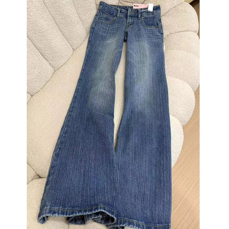 Lunivop  Retro Washed Jeans Women Korean Fashion Low-Waisted Denim Flares Trousers Female American Style Vintage Slim Fit Long Pants