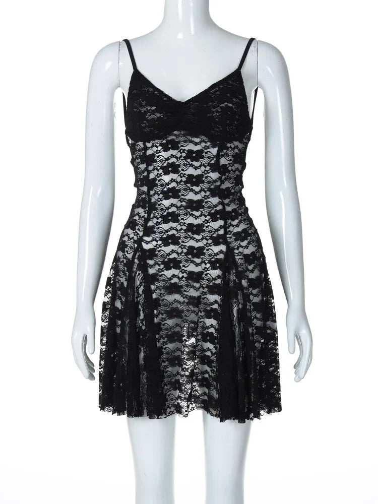 Lunivop Sexy See Through Lace Women Dress Black Spaghetti Strap Print Floral Dress Female Summer New Elegant Party Clubwear