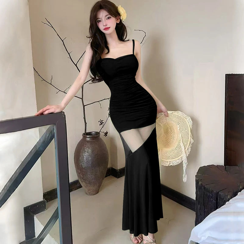 Lunivop  Black Patchwork Mesh Sheer Sexy Long Dress Women Elegant Luxury Ruffled Dress Gown Summer Korean Bodycon Party Night Dress