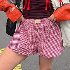 Lunivop Shorts for Women Teen-girls Elastic Waistband Pull-on Red Blue Plaid Shorts Outfit Casual Lounge Summer Shorts