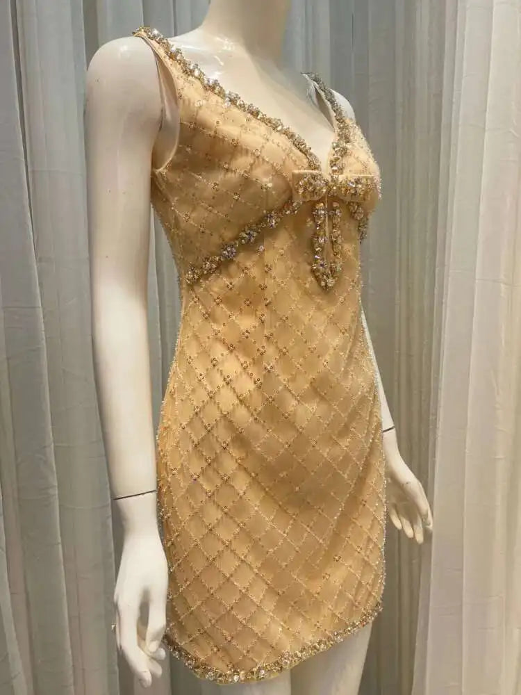 Lunivop 2025 New Diamonds Bow Women's Spaghetti Strap Dress Beading Plaid Zipper V-Neck Sleeveless Elegance Dresses Female