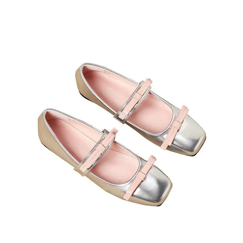 Lunivop Fashion Square Toe Glossy Leather Flats Women Double Bowknot Mary Jane Shoes Female Ballets Party Shoes Plus Size 44