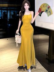 Lunivop  Summer Solid Elegant Sling Maxi Dress Women Fashion Chic Ruffled Mermaid Dress 2025 Korean Elegant Bodycon Luxury Evening Dress