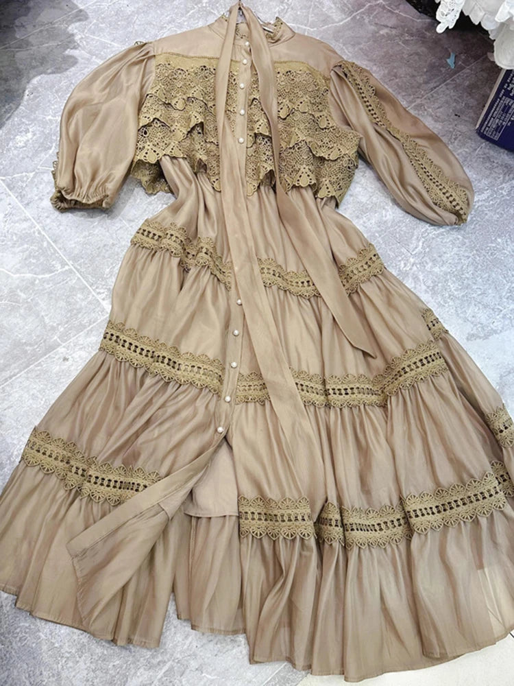Lunivop Soliod Lace Splice Dresses Women's Round Neck Half Sleeve Single Breasted High Waist Elegant Dress Summer 2025 New