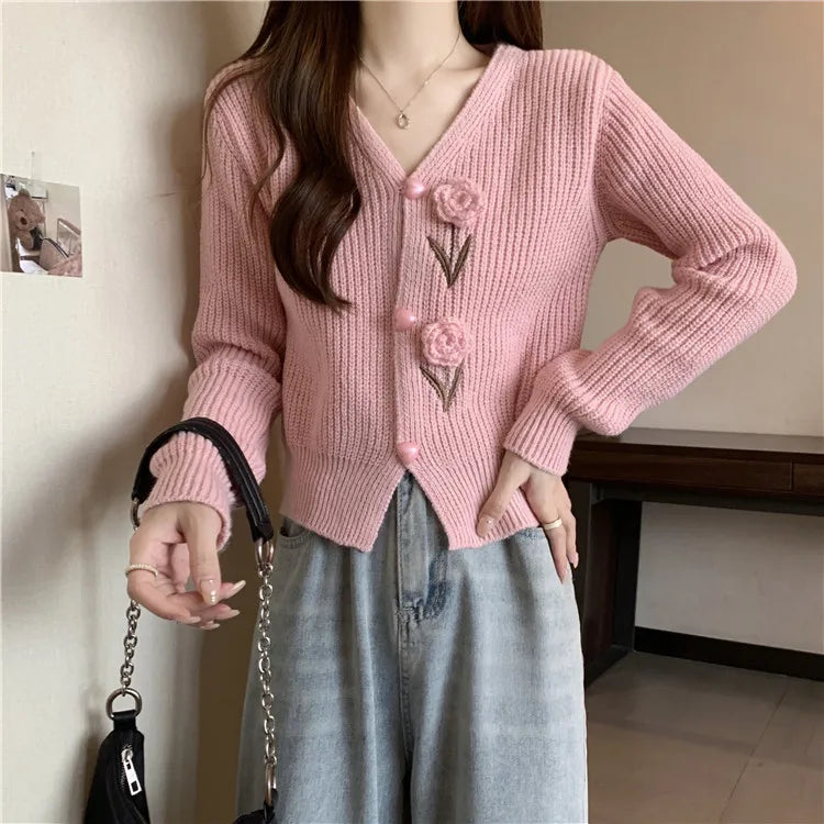 Lunivop Flower Applique Knit Cardigan Autumn Winter Women Cardigan Sweater Coats Long Sleeve Crop Knitted Jackets Cute Outfit