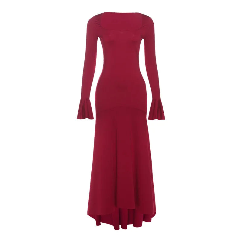 Lunivop  Solid Mermaid Maxi Dress Women Elegant Square Neck Flare Full Sleeve Slim Bodycon Banquet Party Long Robe Casual Streetwear