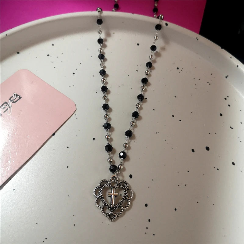 Lunivop Kpop Goth Punk Black Cat Big Star Pendant Chain Pink Cross Heart Beaded Necklace For Girl Men Y2K 2000s EMO Jewelry Accessories