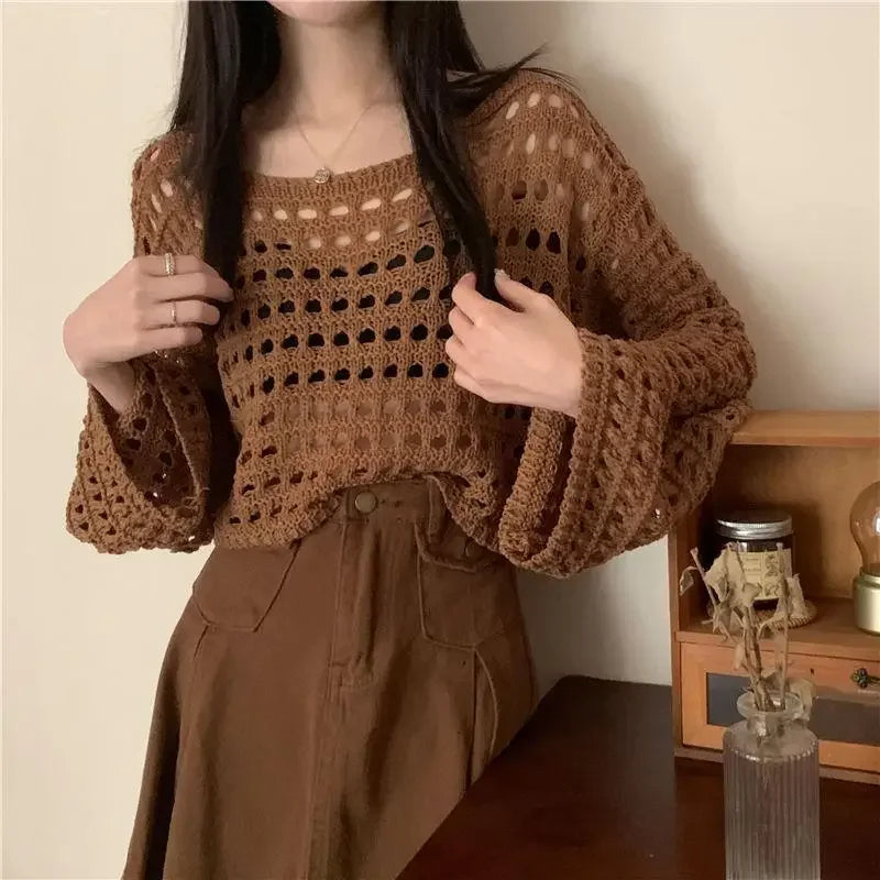 Lunivop Long Sleeve Crochet Knit Top Summer Beach Bikini Cover Up Crop Pullover Wool Knitwear Blouse Women Vacation Boho Outfit