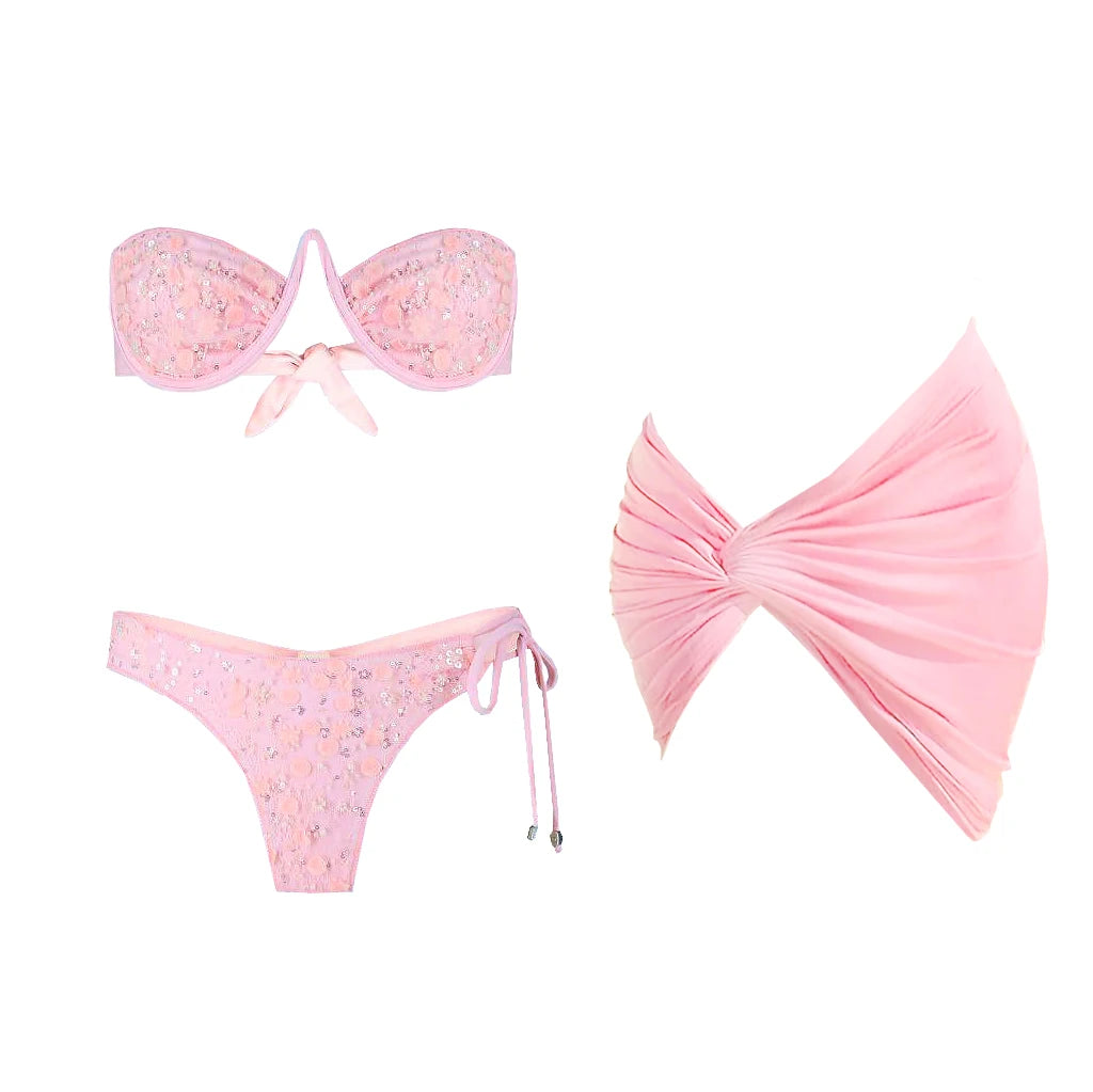 Lunivop   3Pcs Push Up Bikinis 2025 Bandeau Biquini Women Sexy Swimsuit Shiny Mesh Swimwear Female Swim Suits Pink Bathingsuit Beachwear